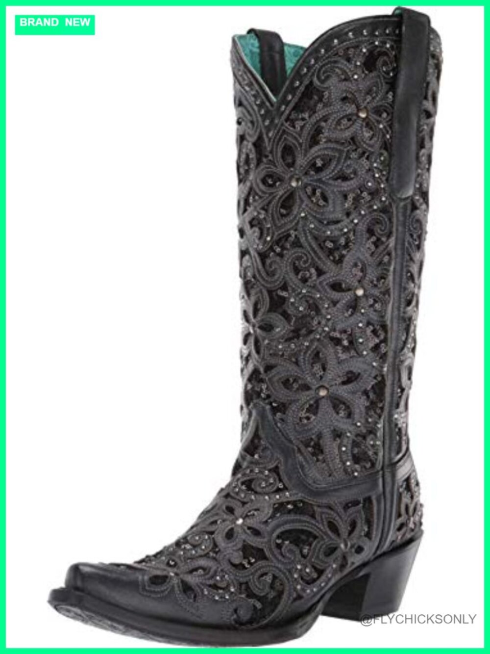Western Snip Toe Knee High Leather Cowhide Boots Studded Embroidered Inlay